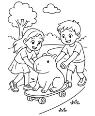 Coloring book girl and boy push a cute capybara sitting on a skateboard in a park with a tree and clouds