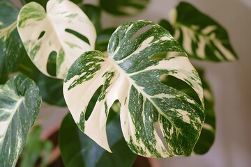 Close up view of the variegated monstera plant featuring stunning white and green patterned leaves, indoors.