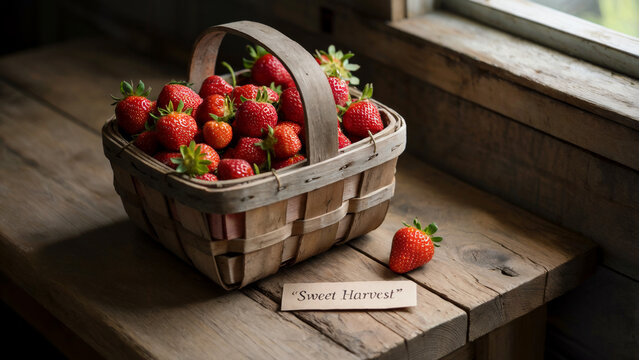 Freshly harvested strawberries overflowing a wicker basket on a rustic wooden surface