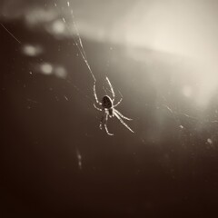 Small spider suspended on delicate web in soft light.