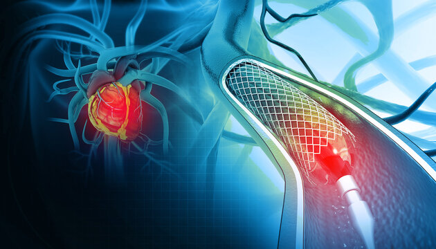 Balloon angioplasty procedure with stent in vein. 3d illustration
