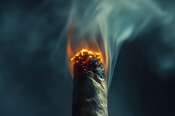 Close-up image of a lit cigar with flames and wisps of smoke rising against a dark backdrop