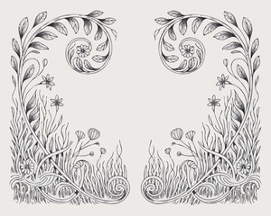 Elegant hand drawn floral design with flourishes and botanical elements in black and white