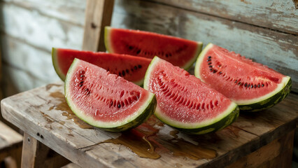 Juicy watermelon slices resting on rustic wooden stool representing summer refreshment and sweetness