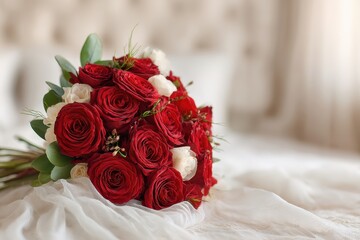 Romantic red rose bouquet on soft bedspread indoor setting floral arrangement cozy atmosphere top view love symbolism