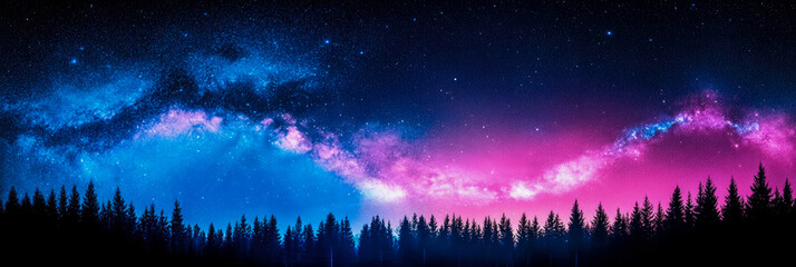 Fototapeta premium Cosmic Wonder: A vibrant milky way stretches over a tranquil forest at night