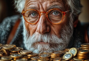 a close-up portrait of an elderly man with striking eyes and a full white beard, gazing intently over a pile of golden coins.