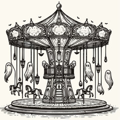 Haunted carousel with ghostly figures and swinging horses on a light background - whimsical Halloween concept
