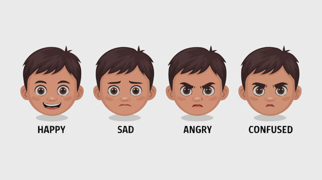 Illustrated vector showing four different human facial expressions demonstrating emotions of a young boy