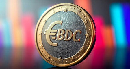 Digital Euro Payment System - Bimetallic CBDC Coin With Gold Rim And Silver Center Against Colorful Cinematic Background.