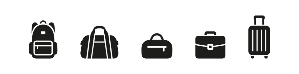 Bag icons in filled vector style. Various carry bag shapes for shopping and travel