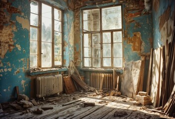 a sunlit, decaying room with peeling turquoise walls and scattered debris evokes a sense of forgotten history and melancholic beauty.