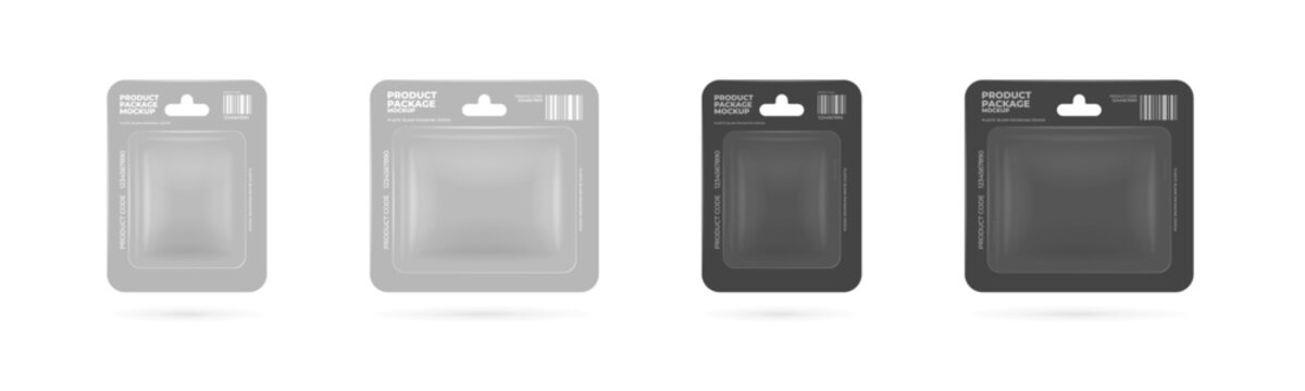Package product pack with transparent plastic and cardboard blister design. Light and dark grey retail mockups for product display
