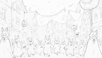 Halloween-themed coloring page of a parade of costumed cats carrying pumpkins