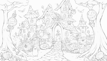 Obraz premium Halloween-themed coloring page of a whimsical haunted house surrounded by pumpkins and ghosts