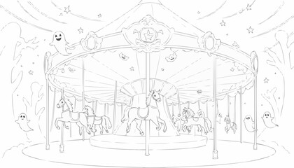 Fototapeta premium Halloween-themed coloring page of a spooky carousel with ghostly horses and spirits 