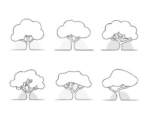 Fototapeta premium Six simple line art tree illustrations in varying shapes and styles on a white background.