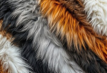a close-up view of richly textured and multicolored faux fur in shades of white, black, silver, and warm orange.