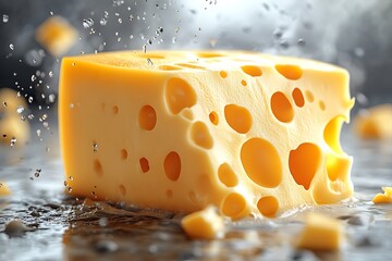Fresh swiss cheese block with holes and falling water drops artistic culinary food photography