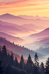 Obraz premium Pastel Sunrise Mountain Landscape with Fog and Pine Trees in Misty Valley