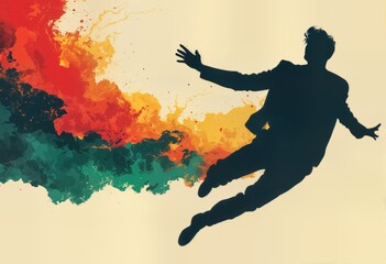 Fototapeta premium a silhouetted figure in a suit appears to be falling or floating against a vibrant, abstract background of orange, teal, and red paint splatters.