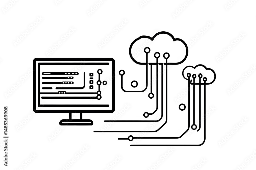 Fototapete Cloud computing and data synchronization concept depicted with computer monitor and clouds