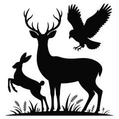 Silhouette set of deer with antlers in nature vector illustration