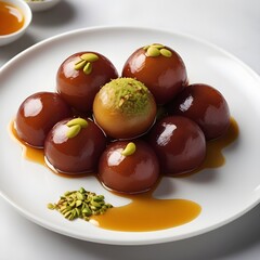 Glossy, syrup-soaked Indian Gulab Jamun served on a colourful ceramic plate, garnished with pistachio slivers and saffron strands, with visible syrup drops.