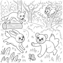 Funny cartoon animals seamless pattern with cat dog rabbit bear and tree for children’s coloring and design