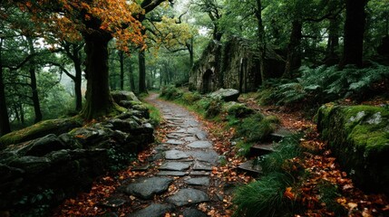 Stone path through autumn forest