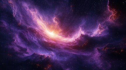 Vast cosmic scene featuring swirling purple and orange nebula clouds illuminated by bright central light against a star-filled dark space background
