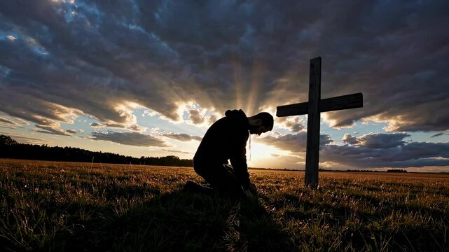 Man kneeling in prayer by cross at sunset on grassy field with dramatic clouds and radiant light, spiritual faith and repentance concept
