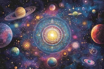 Colorful and artistic depiction of the universe with planets galaxies and starry night sky