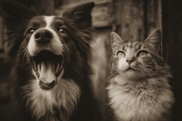 Warmly depicted portrait of a dog and a cat.