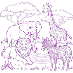 Cartoon animals on a farm with a giraffe, elephant, horse, goat, cow, lion, zebra, and baby animals in a cute and funny illustration