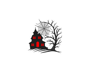 Spooky Halloween Silhouette Vector with Haunted Tree, Evil Pumpkins, Flying Bats, Spider Webs & Creepy Castle.