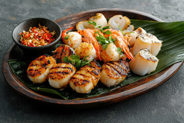 Sizzling plate of grilled seafood featuring scallops, shrimp, and spicy dipping sauce, perfect for seafood lovers