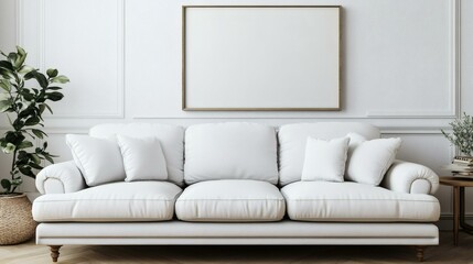 Elegant White Sofa Interior Mockup with Empty Frame