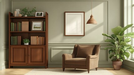 Elegant Reading Nook with Wooden Bookshelf