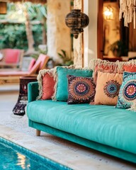 Teal Outdoor Sectional with Vibrant Cushions