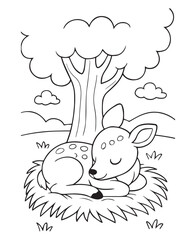 Coloring book deer fawn sleeps peacefully curled up in the grass under a large tree. 