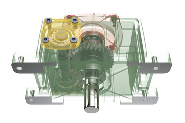See-Through Diagram Gear Reduction Unit Revealing Internal Gears and Shafts, Cutaway Illustration of a Worm Gearbox Mechanism for Speed Reduction WPX WPA WPO WPDA WPDS WPKA WPKS on a PNG Transparent