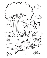 Coloring book deer uses a paintbrush to color a large star on the ground near a tree and clouds. 