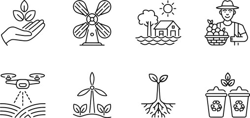 Sustainable farming and eco friendly practices illustrated in simple line icons
