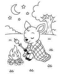 Coloring book deer wrapped in a blanket roasts a marshmallow over a campfire at night under the moon and stars.