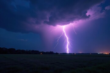 Dramatic lightning strike over dark stormy landscape at night , nature, atmospheric