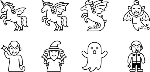 Fototapeta premium Vector illustrations of magical creatures and characters in simple outlined black and white