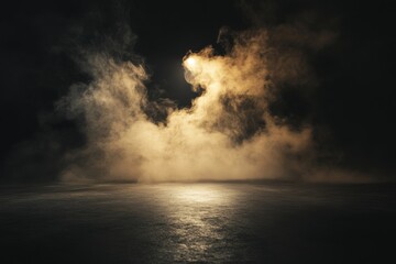 Fototapeta premium Dramatic Dark Studio Background Golden Smoke Foggy Floor Light hazy scene image design shadow effect