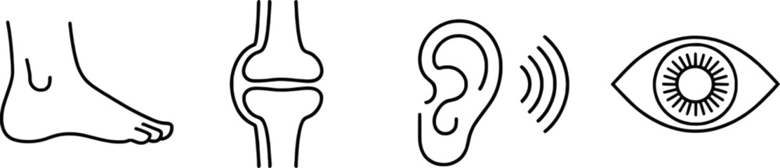 Simple black and white outline illustrations of human body parts and sensory organs