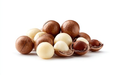 Macadamia nuts in a pile, some whole, some halved, showcasing both brown and white interiors
